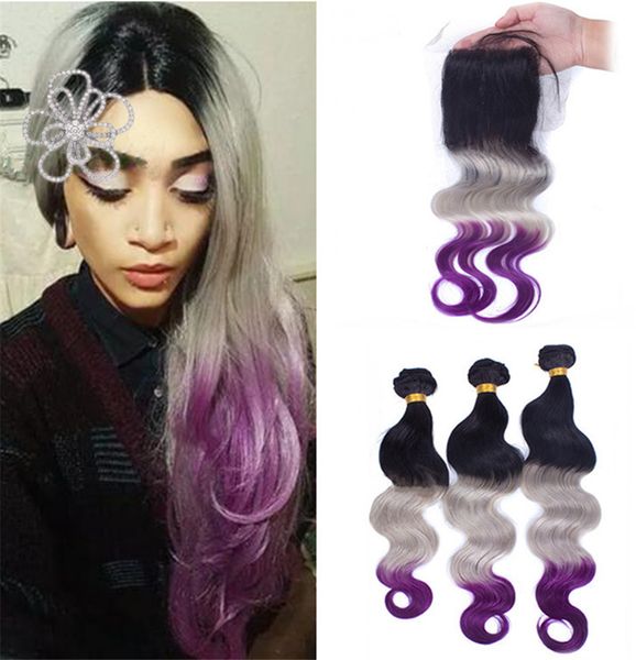 Compre Black Roots Grey Purple Ombre Cierre Y Paquetes 1b Grey Purple Ombre Body Wave El Cabello Humano Teje Con Encaje A 193 67 Del Tony Hair