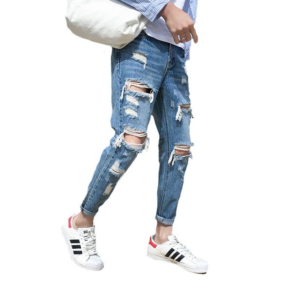 

2018 distressed beggar jeans male giant ripped hole handsome male feet hip hop streetwear cowboy harem pants men, Blue
