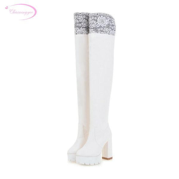 

chainingyee party comfortable round toe over knee high boots fashion lace slip platform white black high heel women riding boots