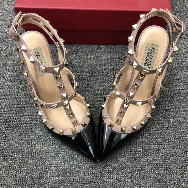 

real p fashion women pumps lady red nude patent point toe studded spikes slingback strappy shoes pumps stiletto heels party shoes, Black
