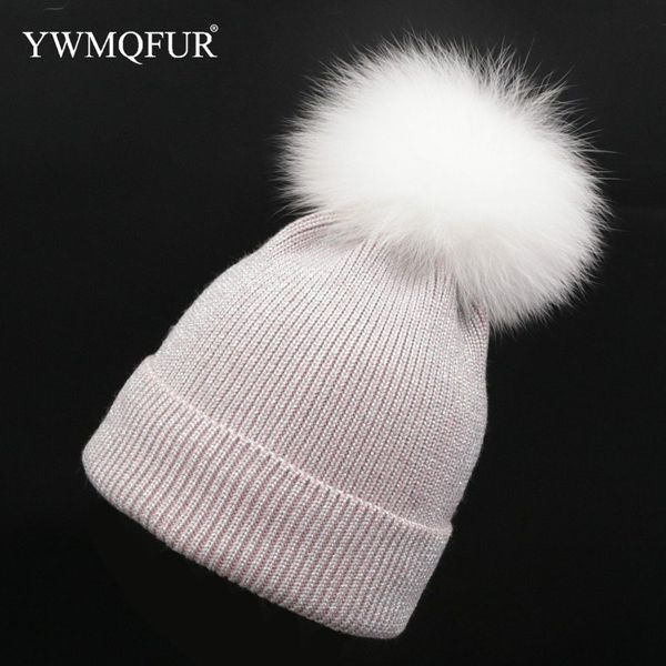 

winter women hats knitted girl hat with real fur ball casual female bright silk skullies beanies caps new arrival ywmqfur