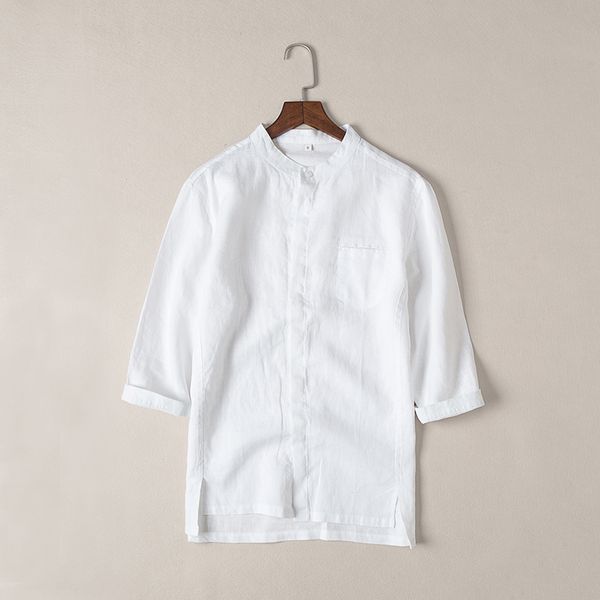 

2018 new three quarter sleeve 100% linen shirt men summer white men shirts solid breathable flax mens shirt casual loose camisa, White;black