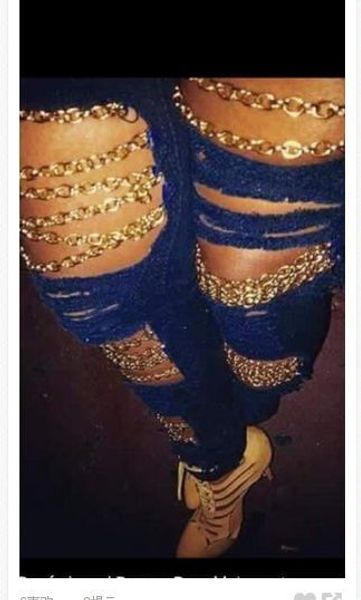 

long women holes design denim dark jeans blue chains summer spring trousers hiphop street trousers wjhsh, Black