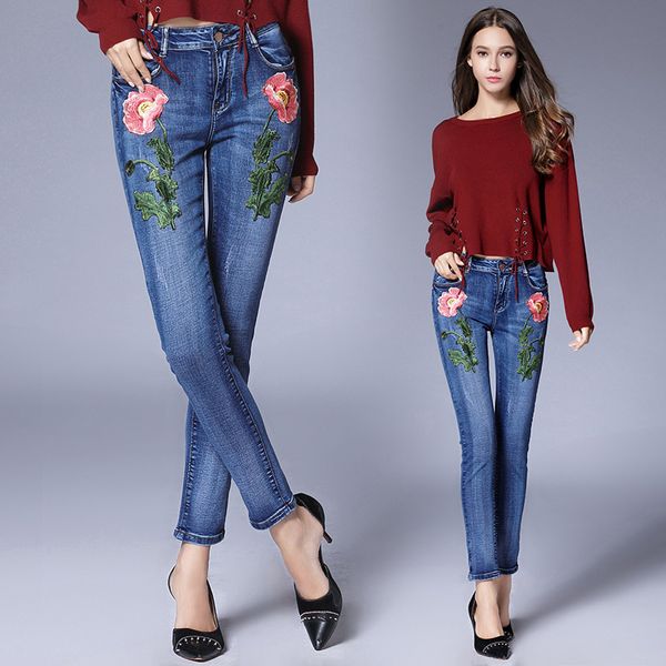 

flower embroidery women jeans autumn winter fashion mid waist skinny cotton denim trousers long casual pencil jeans pants blue