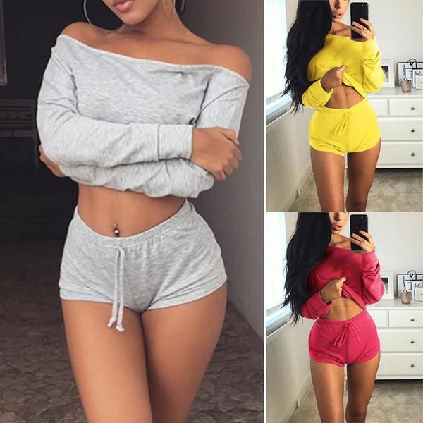 

off shoulder loose crop with shorts two pieces set, Gray