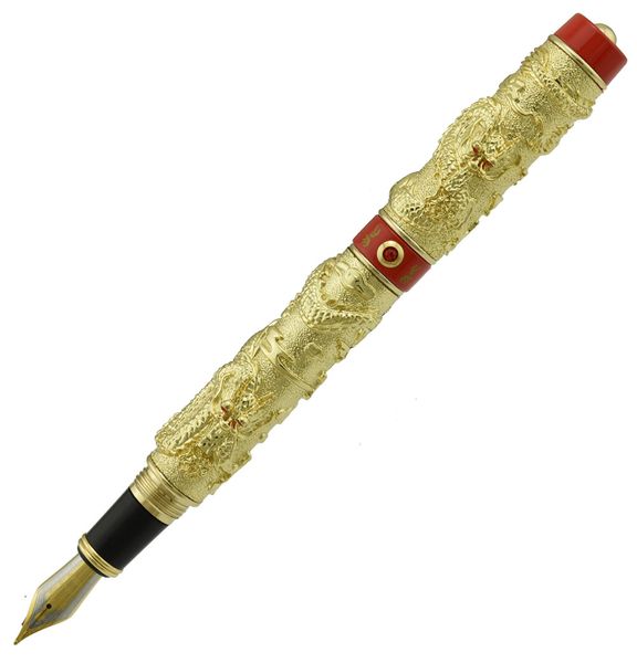 

jinhao vintage luxurious fountain pen double dragon playing pearl, metal carving embossing heavy pen golden & red for collection