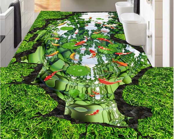 

wallpaper 3d stereoscopic lawn lotus carp bathroom painting pvc wallpaper