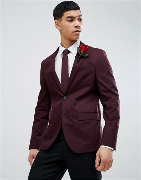 

burgundy blazer slim fit men suits with black pants notch lapels two button 2 pieces set wedding suits, White;black