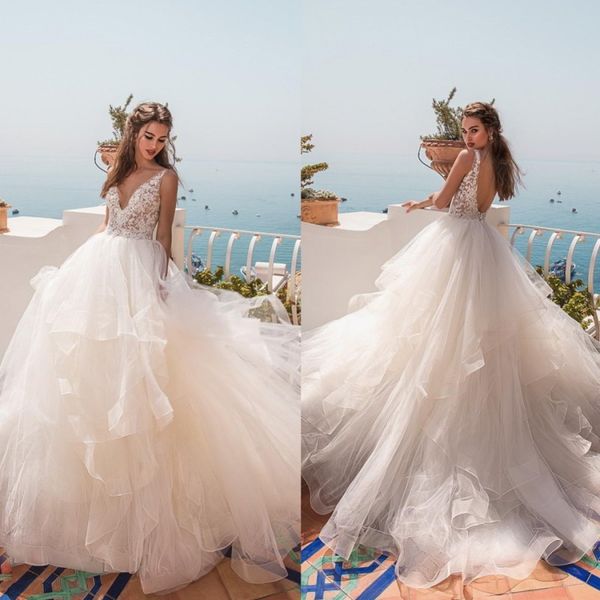 

la petra 2019 свадебные платья v шеи backless a line свадебные платья развертки поезд аппликация халат де mariée плюс размер, White