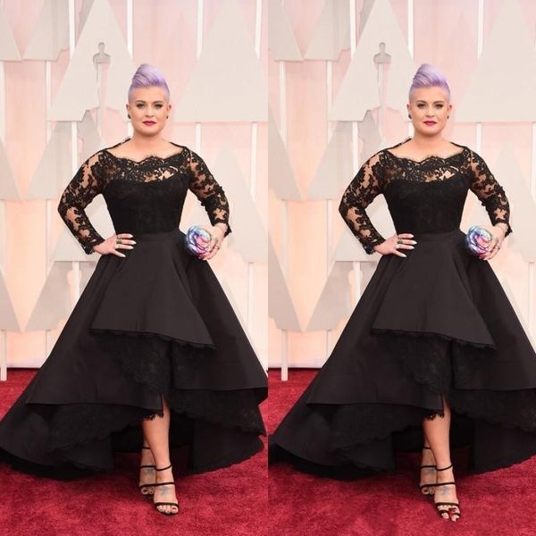 

2019 plus size long formal evening dresses oscar kelly osbourne celebrity black lace high low red carpet dresses ruffles prom party gowns, Black;red