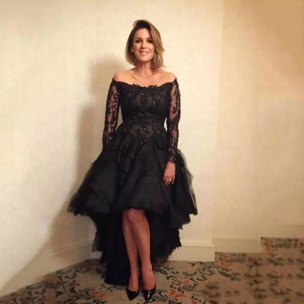 Acheter 2019 Noir Mère De Mariée Mariée Robe De Lépaule Illusion à Manches Longues Hi Lo Organza Robes De Maid Of Honor Robe Pour Mariage Invité De