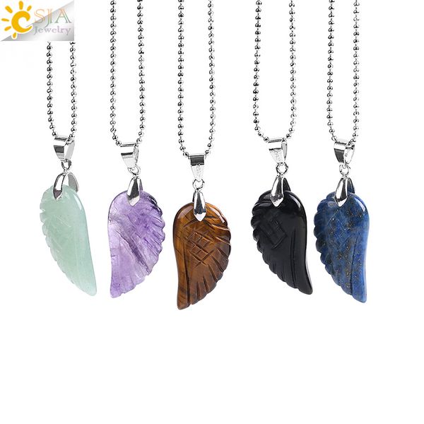 

csja new summer beach jewelry angel wing pendant natural gemstone butterfly necklace obsidian lapis lazuli collier korea style e768 b, Silver