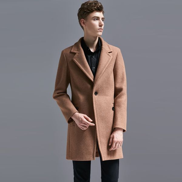 

a buckle wool coat men's long section 2018 autumn and winter new lapel slim long-sleeved woolen coat large size s-6xl, Black