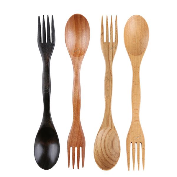 

Fa hion natural wood poon fork 2 in 1 cooking dining uten il chine e long handle cutlery 40pc