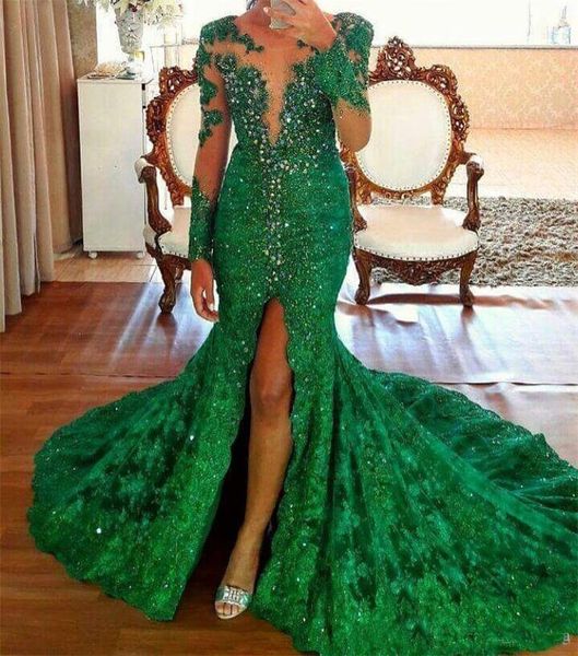 

Sexy Emerald High Split Evening Dresses Long Sleeves Crystal Beaded Vestido de Fiesta 2018 Lace Prom Dress Customize Made