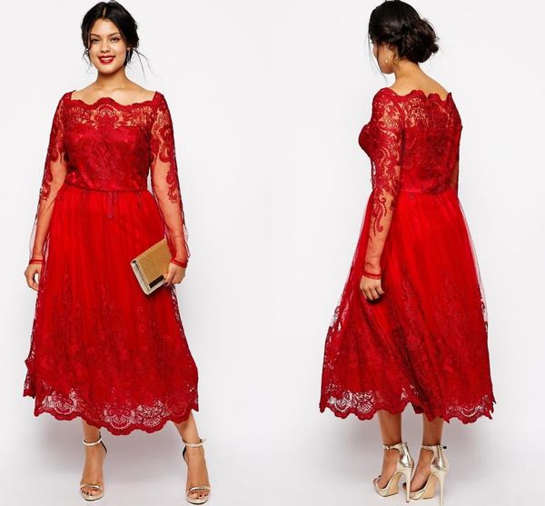 

2018 red mother of the bride dresses off shoulder long sleeves lace appliques tea length plus size party dress wedding guest gowns, Black;red