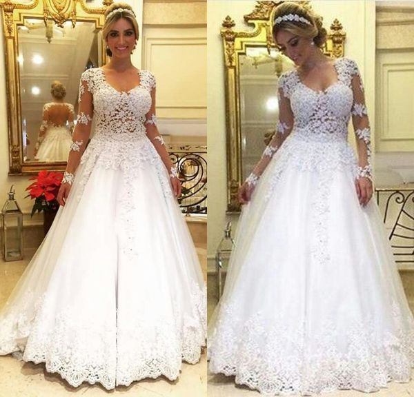 Discount Vintage Wedding Dresses Lace Long Sleeve White V Neck