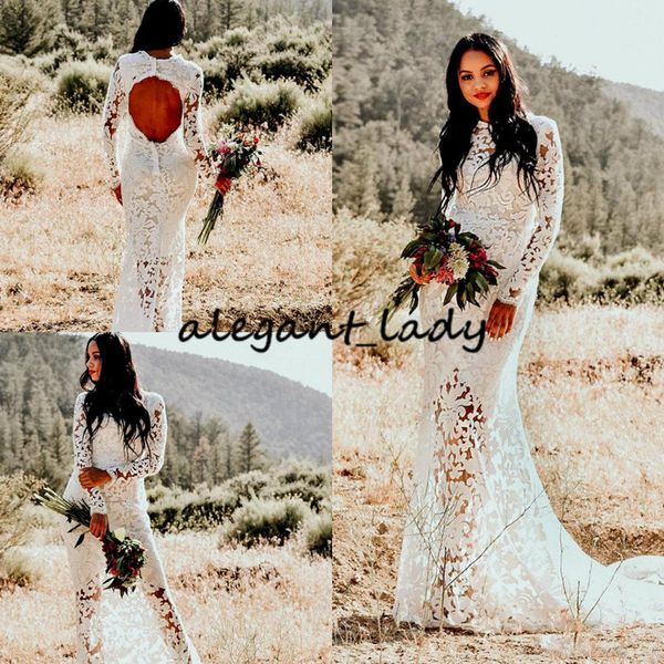 

скромные русалка свадебные платья jewel шеи с длинным рукавом полые назад часовня поезд страна свадебные платья сад плюс размер свадебное пл, White