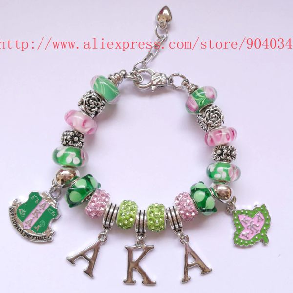 

aka pink bead green charms bracelet alpha kap alpha sorority jewelry bracelet, Golden;silver