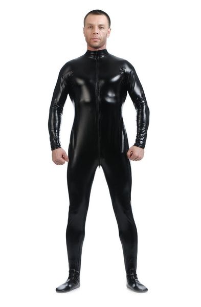 

male front zipper metallic wet look shiny lycra second skin spandex full body catsuit bodysuit zentai suit fetish costume, Black