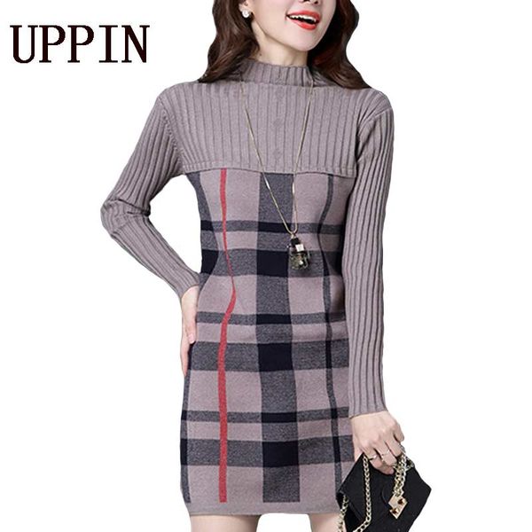 

uppin 2017 new loose women autumn winter dress turtleneck long sleeve plaid knitted sweater dress female warm sweaters pullovers, White;black