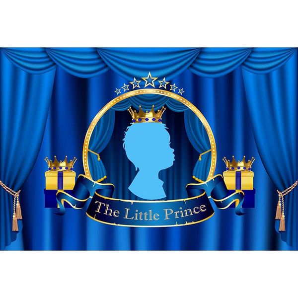 Angepasste kleine Prinz Geburtstag Party Booth Hintergrund gedruckt Royal Blue Vorhänge Gold Crown Baby Boy Kinder Foto Kulissen