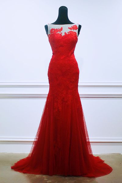 

backless mermaid evening dress scoop pleats tulle lace prom dress sweep train long evening gowns cheap, Black;red