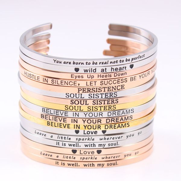 

new arrival rose gold stainless steel engraved positive inspirational quote hand stamped cuff mantra bracelet bangle for women, Black