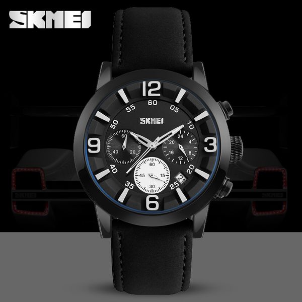 

skmei dual display quartz wristwatches men black luxury leather sports watch big dial waterproof analog digital watches relogios, Slivery;brown