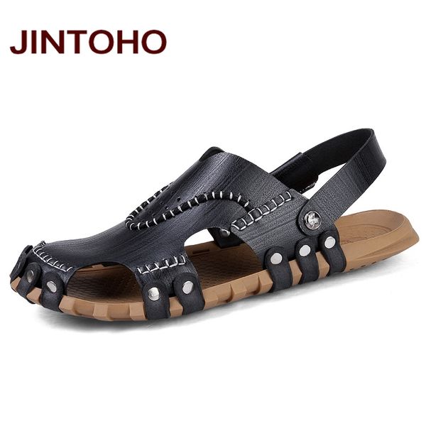 

jintoho men leather sandals summer beach shoes casual men sandals beach male sandal fashion slides, Black