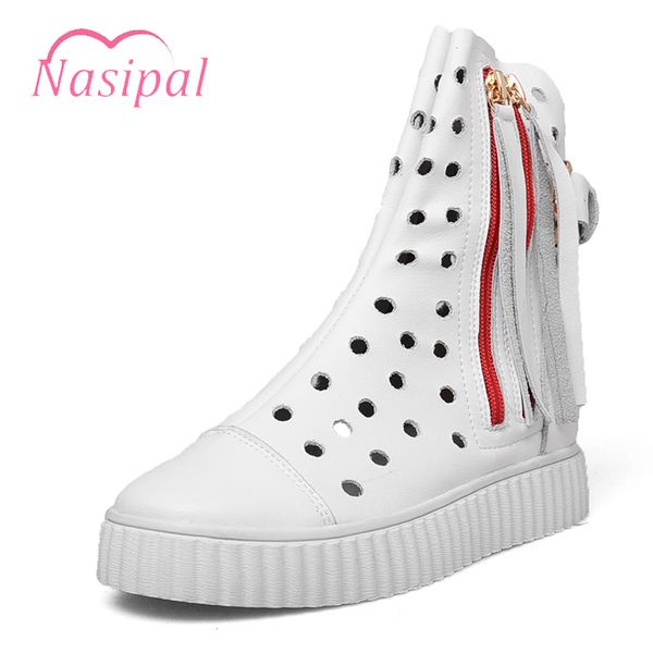 

nasipal genuine leather women's shoes round toe platform heels cow leather mid calf boots fashion cutouts summer style boots, Black