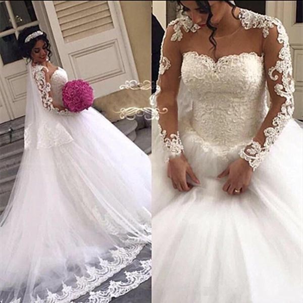 

beautiful sheer neck 2018 new design lace wedding dresses a line applique long illusion sleeves court train wedding bridal gowns, White