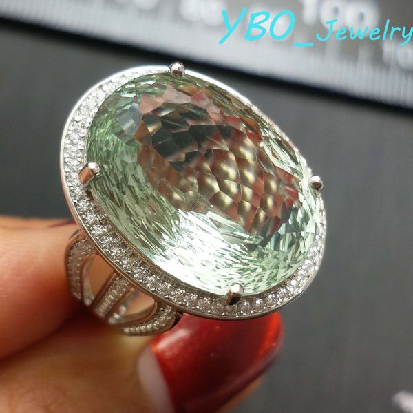 

ybo-hyperbole ring natural green quartz amethyst ov 15*20mm 18.5ct in 925 sterling silver special bird's cut beautiful ring, Golden;silver