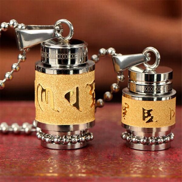 

titanium steel buddhism lockets jewelry six words rotatable necklace om mani padme hum prayer wheel mantra necklace openable bottle for men, Silver
