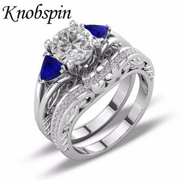 

fashion style blue crystal zirconia three-stone rings for women trendy wedding rings bridal sets brand jewelry gifts bague femme, Slivery;golden