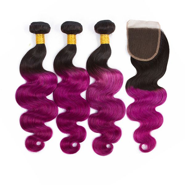 

ombre purple human hair bundles with lace closure body wave lace closure purple dark root brazilian virgin hair 4pcs/lot, Black;brown