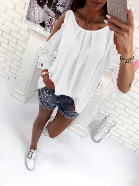 

Casual New Fashion Casual Women T-Shirts O-Neck Patchwork Lace Short Sleeve Shirt Plus Size Solid Color Loose Women Clothes Female Tops