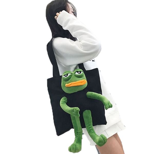 

canvas shoulder shopping bag women zipper frog doll casual tote bag shopper bolsa reutilizable eco friendly grocery 50z0021