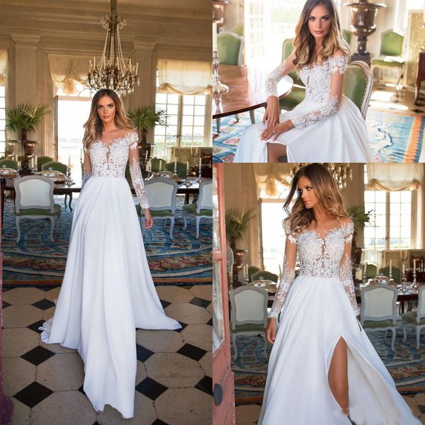 

Milla Nova New Sexy Beach Wedding Dresses Chiffon Lace Cheap Sheer Neck Long Sleeves Bride Dress Side Split Long Bohemian Wedding Gowns