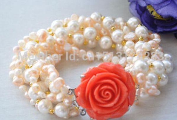 

gt;>>7row 8" 8mm round white shell pink baroque pearl bracelet, Golden;silver