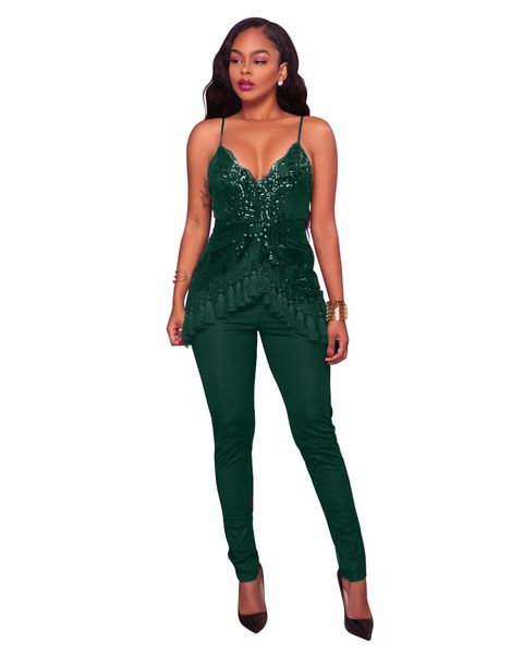 

2018 new clubwear overalls for women sling jumpsuits playsuits tassel sequined sleeveless skinny long rompers pants, Black;white