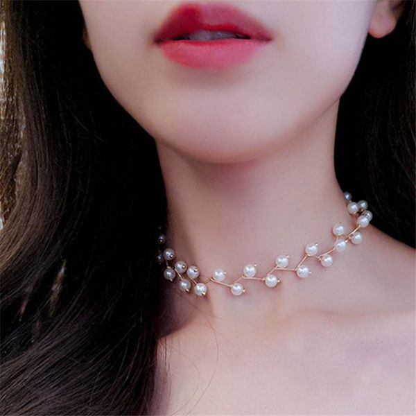 

new trendy fashion statement necklace charm simulated pearl beads choker necklace for women kolye collier collar jewelry ll, Golden;silver