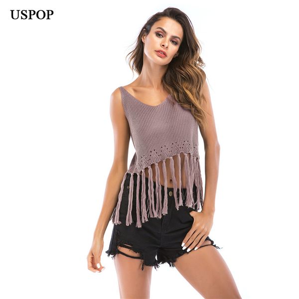

uspop 2018 fashion summer female knitted tassel tank sleeveless knitted camisole camis tank, White