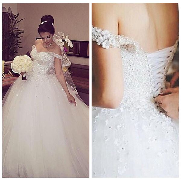 

2018 off shoulder sparkly white ball gown wedding dresses formal beaded sequins 3d flowers adorned lace-up back church bridal gowns puffy