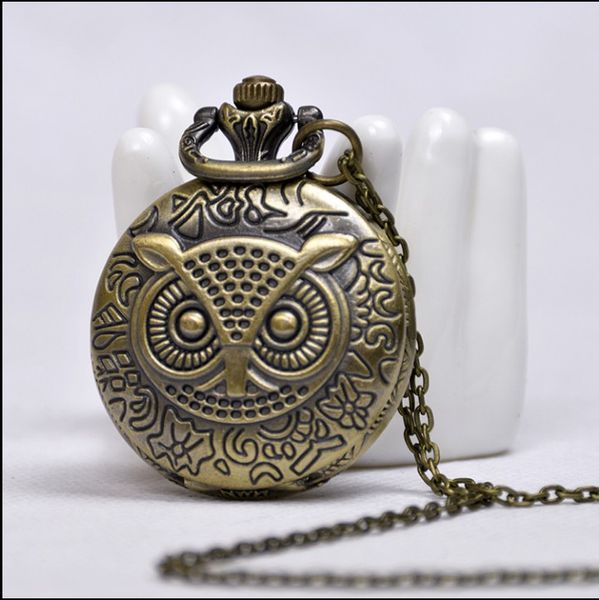 

quartz pendant pocket watch chain alloy bronze antiques arabic numeral owl, Slivery;golden