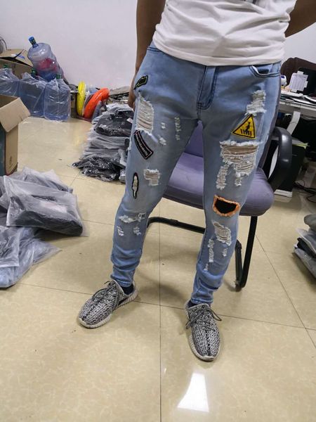 

cross-border exclusive for men's fashion straight hole hole men's light blue jeans repair style 2006 -28-38