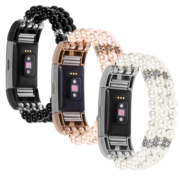 

women luxury pearl stretch strap for charge 2 smart watch band replacement beads bracelet belt for versa watch, Black;brown