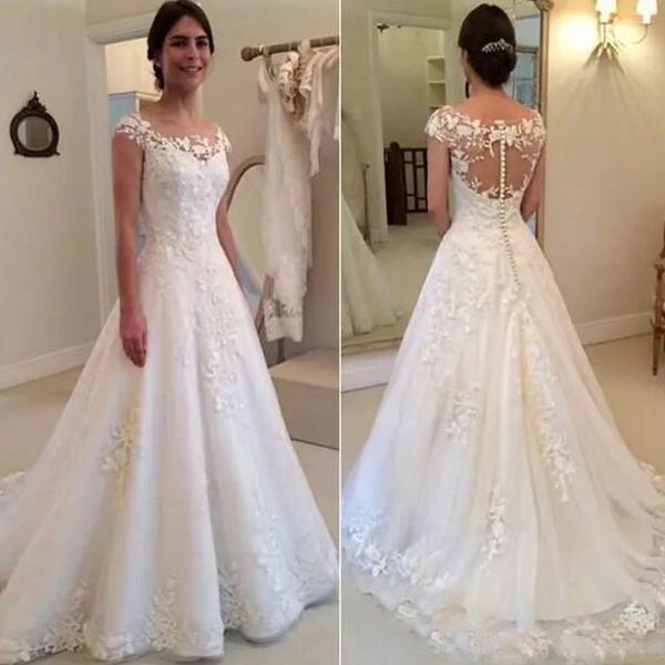 

modest new lace appliques wedding dresses a line sheer bateau neckline see through zipper button back bridal gown cap sleeves, White