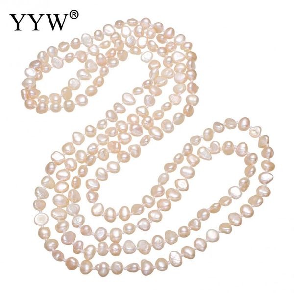 

yyw wholesale natural pink pearl beaded long strand 3-rows multi layer necklaces freshwater pearl sweater chain necklace woman, Silver