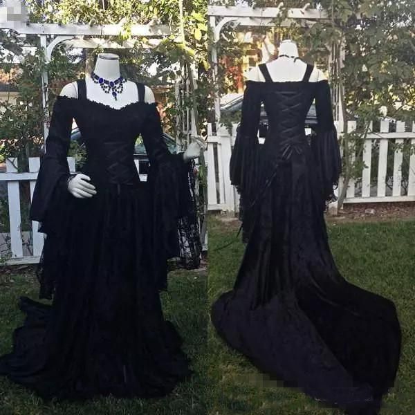 

vintage black gothic lace wedding dresses a line medieval off the shoulder straps long sleeves corset bridal gowns victorian dresses, White